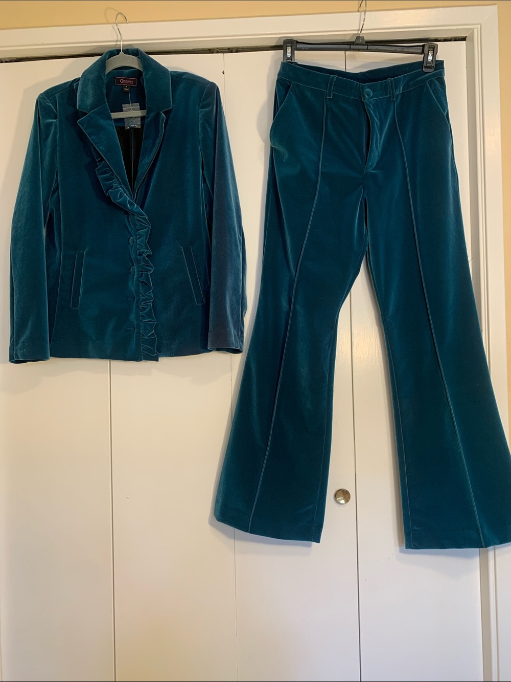 Teal Velvet Ruffle Blazer with Flared Pants Set
